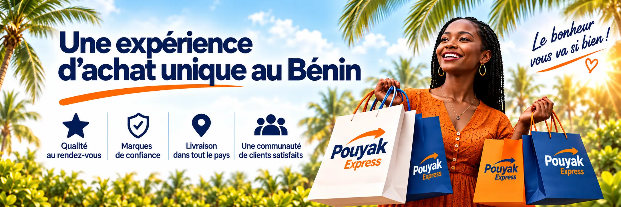 Une expérience d’achat unique au Bénin. Qualité au rendez-vous. Marques de confiance. Livraison dans tout le pays. Une communauté de clients satisfaits. Le bonheur vous va si bien !